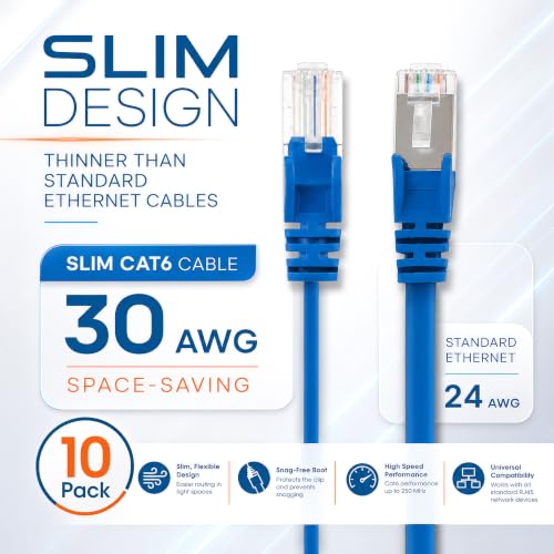 Image of Intellinet Slim Cat6 Ethernet Network Patch Cable - 10-Pack - 10Gbps & 250MHz, Snagless Boot, 30AWG Pure Bare Copper Wire, Gold-Plated Contacts, Lifetime Mfg Warranty - 20ft, 10 Pack, Blue