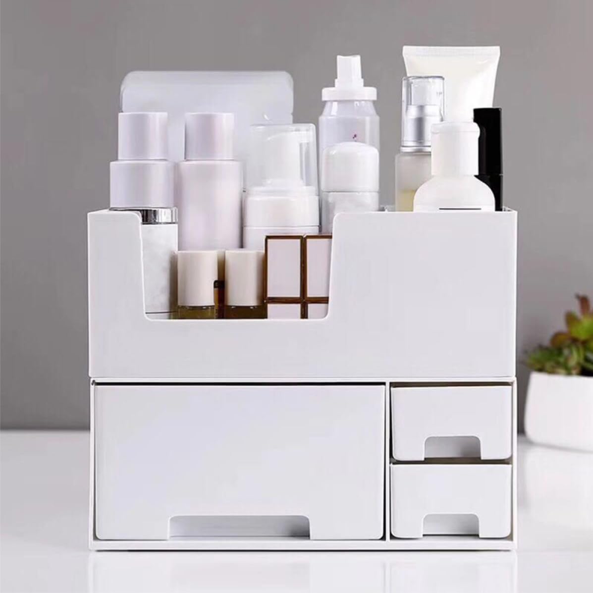 Outanaya Organizer per Cosmetici da Scrivania in Plastica Bianca Doppio Scomparto, Facile da Pulire e Ampio Spazio di Archiviazione, per Oggetti Quotidiani e Frutta