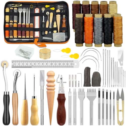 54PCS Leather Sewing Kit Hand Stitching Leather Working Tools Set with Waxed Thread Tracing Wheel Sewing Needles Stitching Punch Awl & Complete Leather Crafting Accessories for Adults Beginners