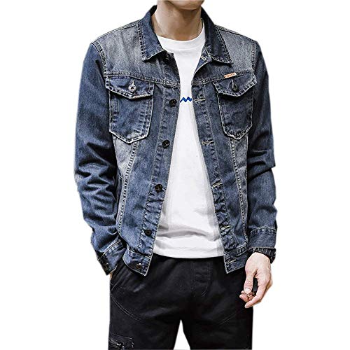 chouyatou Men's Rugged Wear Distressed Button Down Jean Denim Trucker Jacket (Large, Blue)