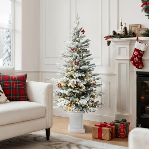 GOOBED 4.5ft Potted Pre-Lit Flocked Arctic Fir Pencil Christmas Tree with 358 PE & PVC Branch Tips, 100 LED Lights, 11 Artificial Berries, Slim Potted Christmas Tree for Home, Porch, or Living Room