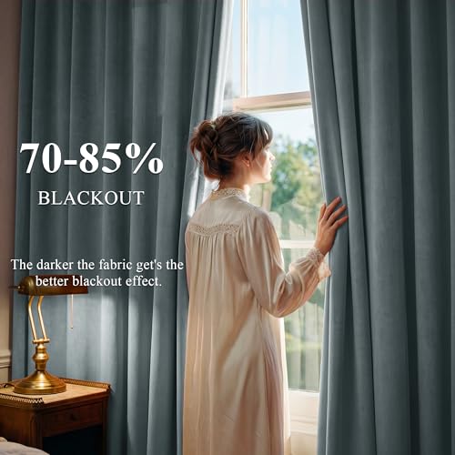 Image of Stone Blue Velvet Drapes Back Tab for Nursery, W52 x L102, 2 Panels | Luxury 300GSM Velvet, Back Tab Window Drapes, Heat Block Out, Privacy & UV Protection, Boys' Bedroom, Store, Villa Window