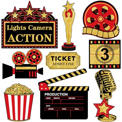 45 Pcs Movie Night Party Decorations Movie Party Cutouts Red Carpet Paper Cutouts Cards for Bulletin Board Classroom School Photo Prop (Red Golden Black)
