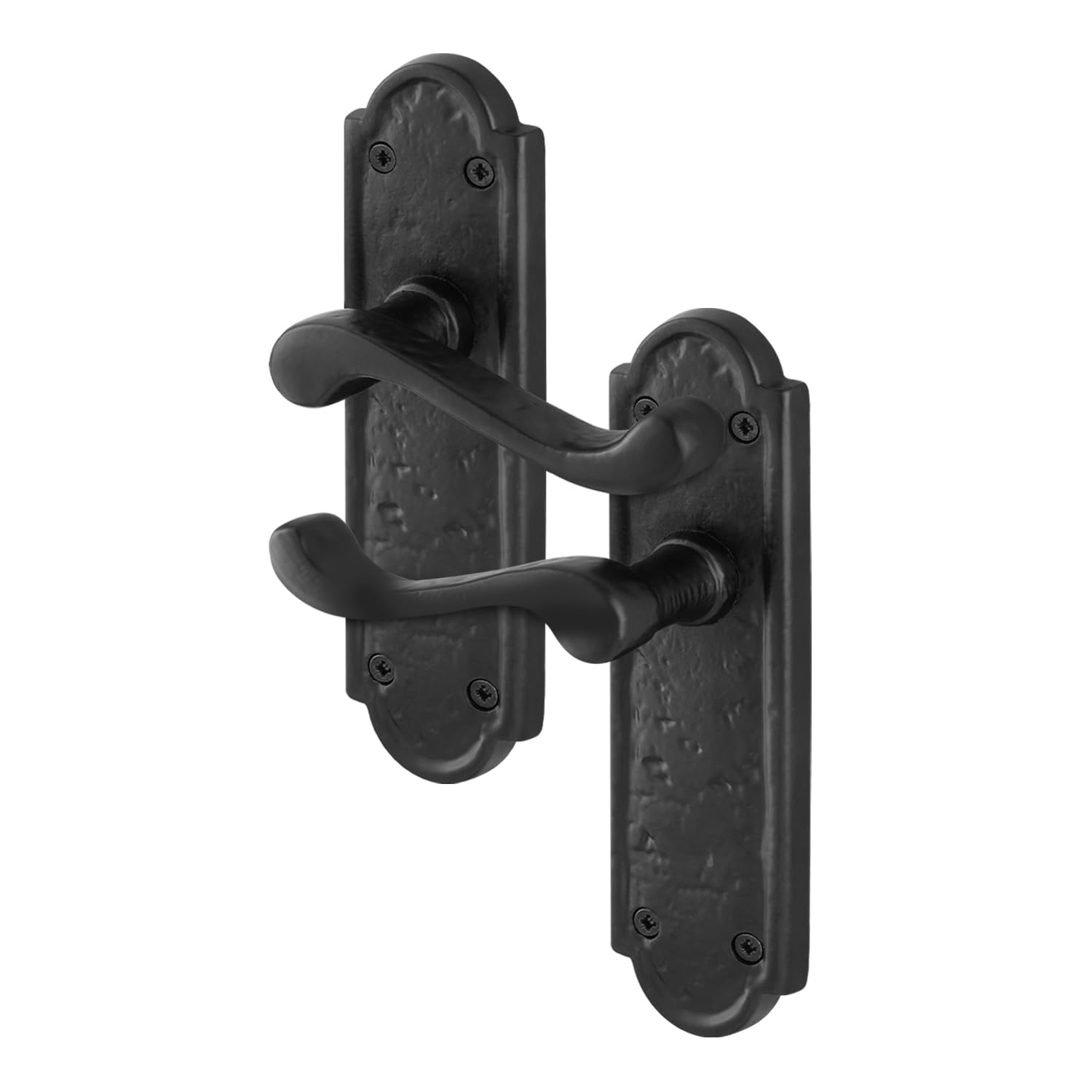 EAI Black Antique Door Handles Latch, 1 Pair of Cast Iron Scroll Shaped Backplate Internal and External Handles, Alton Range