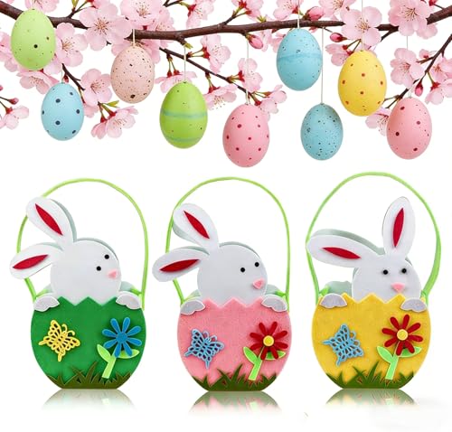 3 PC Osterkörbchen Filz Osterhasen, Osterkorb für Kinder mit Henkel, Osternest mit Hase Weißes Kaninchen, Osternest Basteln Hase, Ostern Deko, Frühlingsdekoration