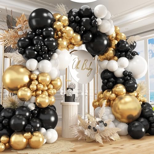 Image of 412Pcs Black and Gold Balloons,18 12 10 5 Inch Different Size Black White Metallic Gold Latex Balloons for Graduation Birthday Wedding Party Decorations