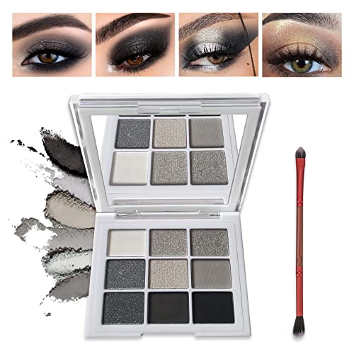 Erinde Black Gray Smokey Eyeshadow Palette, 9 Colors Black Dark Grey Smokey Eyeshadow, Matte Glitter Shimmer Eyeshadow Palette With Eyeshadow Brush, Black Goth Eyeshadow Makeup Pallet For Christmas #TOP2