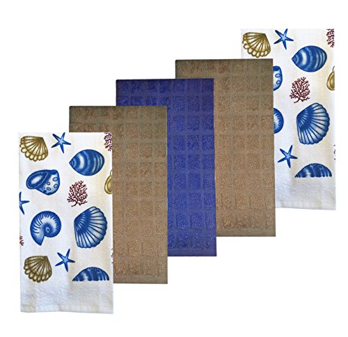 Home Bargains Plus Shells Seashore Blue and Taupe 5 Piece Colorful Print and Solid Cotton Kitchen Dish Towel Set, 100% Absorbent Cotton, Shells