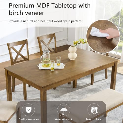 Image of Harper & Bright Designs Complete 6-Piece Oak Dining Set -58.5 inch Rectangular Table + 4 X-Back Chairs + Upholstered Bench,Solid Rubberwood Frame,Farmhouse Style,Seats 6