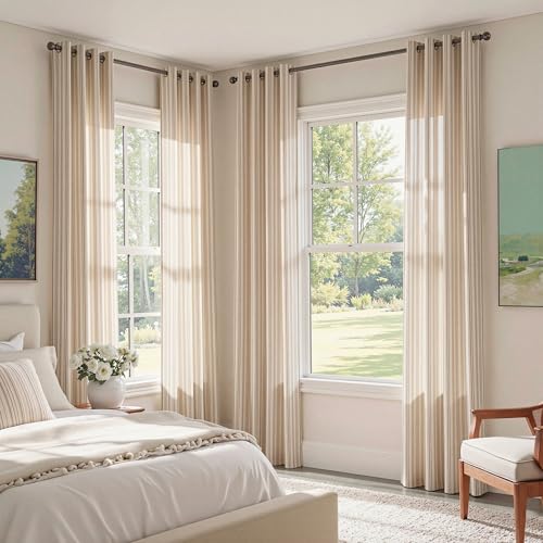 Image of MYSKY HOME Taupe Striped Linen Curtains 84 Inches Long Light Filtering Neutral Curtains for Bedroom Living Room Farmhouse Rustic Cottage Core Tan Ticking Patterned, Grommet, 2 Panels, 52 inch Wide