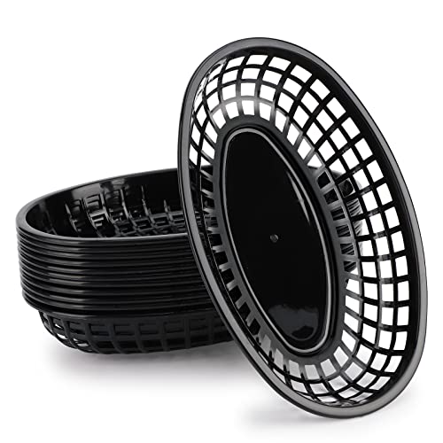 EUSOAR Fast Food Baskets, 12Pack 9.4" x 5.9" Black Reusable Oval Plastic Food Serving Storage Baskets, Restaurant Kitchen Tray Bin Holder Set for Hot Dogs, Burgers, Sandwiches, Fries, Picnics, Parties