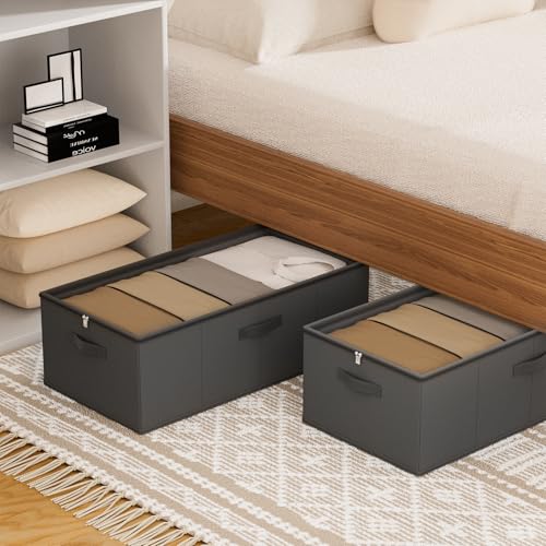 Chizjox 2 Pack Under Bed Storage Containers, 10 Inch Tall Underbed Clothes Storage Organizer Bin with Clear Window，Foldable Box Basket for Clothes, Closet, Bed Sheets and Blankets Black — view 5