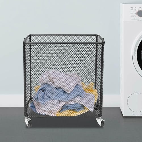 Image of Wire Metal Rolling Laundry Basket On Wheels,Mesh Wire Laundry Basket Storage Cart for Bathroom Bedroom Dirty Clothes Storage (B)