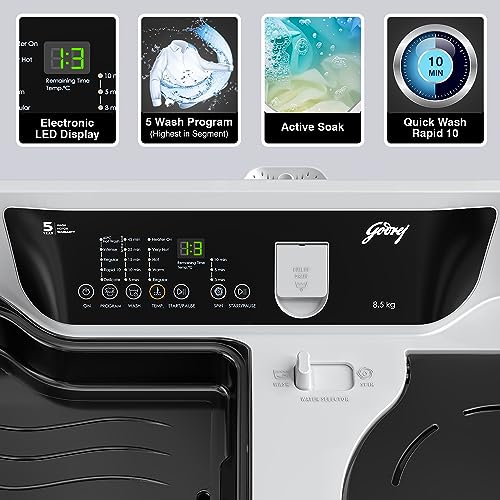 Image of Godrej 8.5 Kg 5 Star Semi-Automatic Top Loading Washing Machine, more than 99.99% disinfection against viruses, In-built Heater (WSEDGE DIGI 85 5.0 PB2 M GPGR, Graphite Grey) (52141601SD00341)