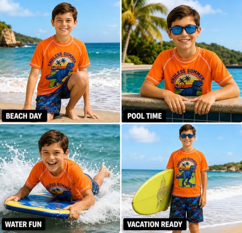 Image of Quad Seven Boys 2-Piece Rash Guard Swimsuit Set Short-Sleeve (Sizes 5-12) | Lightweight Quick-Dry Fabric with Sun Protection, Matching Top & Trunks, Adjustable Drawstring Waist for Pool or Beach Days