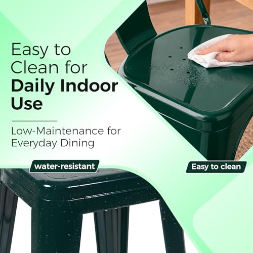 Image of Metal Dining Chairs with Backrest, Stackable, Dark Green, 4 Pack | Easy Assembly, Non-Slip Feet, 330 lb Capacity, Kitchen, Restaurant, Cafe, Pub, Covered Patio