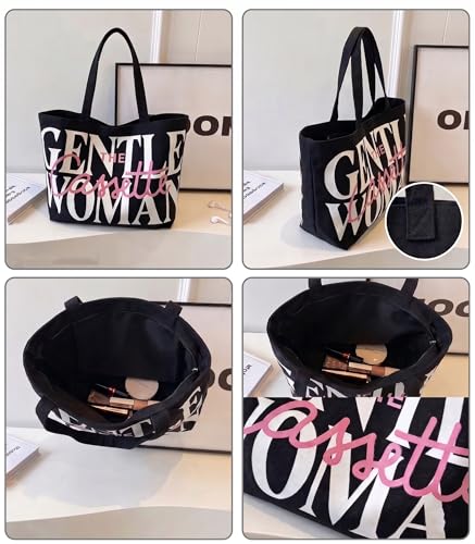 Image of TrendoPrint Cassette Canvas Tote Bag, Black with Printed Design, Zipper Closure, 43 x 38 cm, Large Shoulder Hand Bag for Shopping, College, Travel