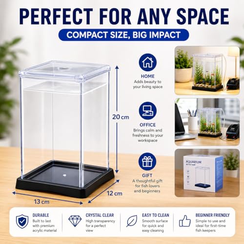 Image of Betta Fish Tank 13x12x20 cm Acrylic Aquarium with Lid | Small Desktop Fish Tank | Air Vent Hole | Easy Clean|Strong Acrylic Build| Compact Aquarium for Home & Office