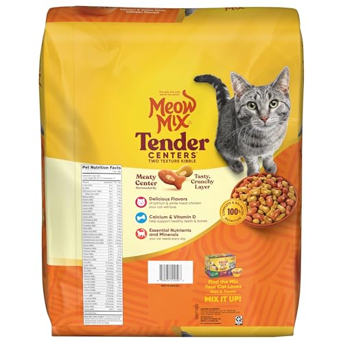 Image of Meow Mix Tender Centers Salmon & White Meat Chicken Flavors Cat Food,3 Pound,Crunchy Outside Meaty Inside,(Pack of 8)