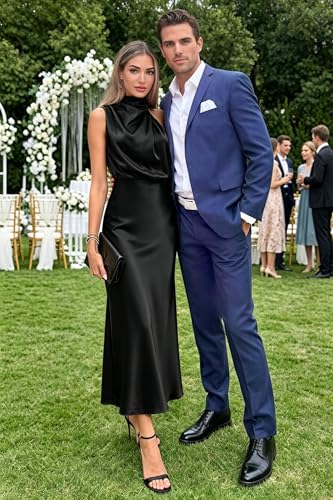 Image of Women's Satin Maxi Dress Summer Formal Wedding Guest Cocktail Dress | Mock Neck Sleeveless,Elegant Silk Midi Long Dress,High Neck,Halter,Aline,Bridesmaid,Bridal Shower Guest,Garden Party,Dinner