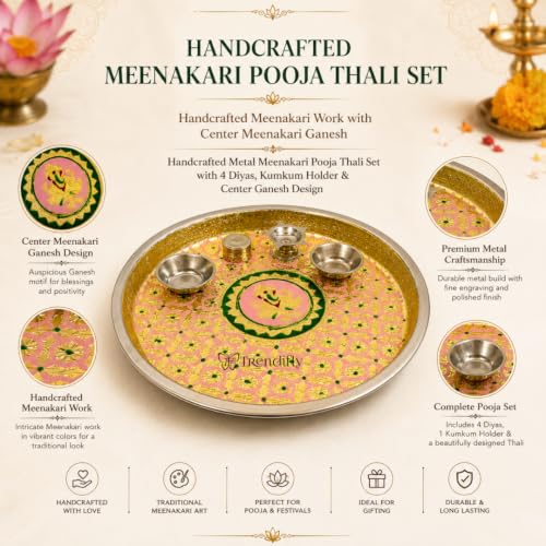 Image of Trendifly Meenakari Stainless Steel Pooja Thali Set With Diya Agarbati Kumkum Chandan Holder Katori | Puja Aarti Thali Set For Home Mandir Temple | Home Ceremony Pooja Wedding Baby Shower Return Gifts