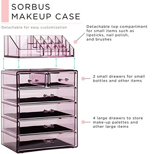Image of Sorbus Acrylic Makeup Organizer Set, 6-Drawer Vanity & Countertop Cosmetic Storage with Small & Wide Compartments, Purple Makeup Storage for Brushes, Jewelry - Holiday Gift for Women & Teens