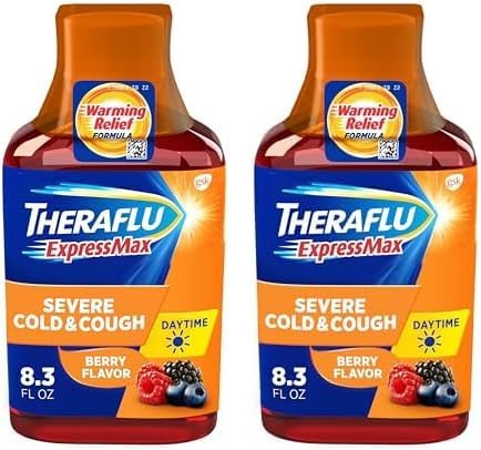 Theraflu ExpressMax Daytime para aliviar el resfriado severo y la tos, jarabe de sabor a bayas, botella de 8.3 onzas (paquete de 2)