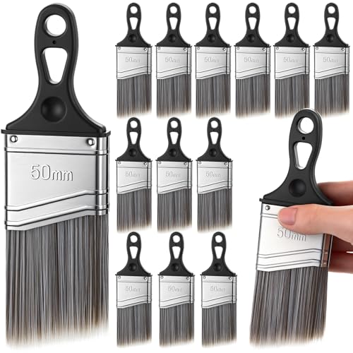 LemonRoad Paquete de 12 pinceles de pintura de ángulo corto de 2 pulgadas, fácil de agarrar, cerdas sintéticas de goma para pintar paredes, armarios, bandas, cortar, recortar