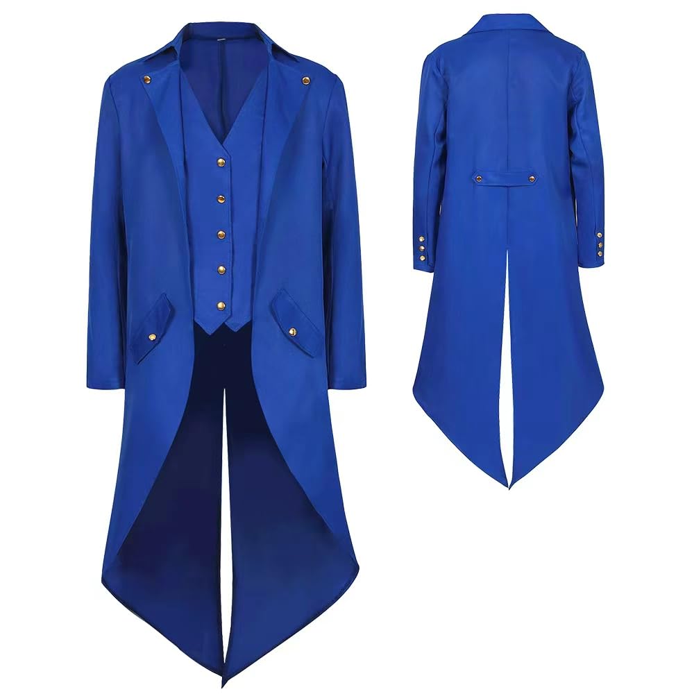 YQVGFBY Men's Gothic Steampunk Tailcoat Men,Medieval Victorian Vintage Jacket Uniform Long Tuxedo,Renaissance Pirate Vampire Party Cosplay Costumes for Adults Men (Blue, 4XL)