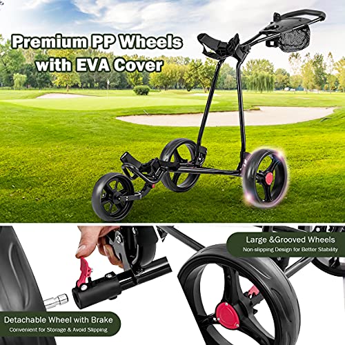 GYMAX Golf Trolley, Folding 3 Wheel Golf Push Cart with Foot Brake, Umbrella & Cup Holder, Adjustable TPR Handle and Mesh Bag, Lightweight Golf Bag Holder - 2