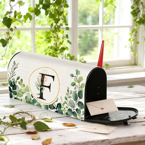 Image of Tiamon Monogrammed F Mailbox Covers Magnetic Eucalyptus Welcome Letter Box Wrap Standard Size 21x18 Inch Spring Summer Leaves Mailbox Decor Eucalyptus Letter Numbers Decoration for Outdoor Garden Yard