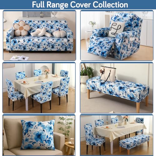 Image of HOKIPO Premium Printed Velvet Chair Cover Set of 4 for Dining Table, Blue Azure Botanical (AR-5794-D8*4)