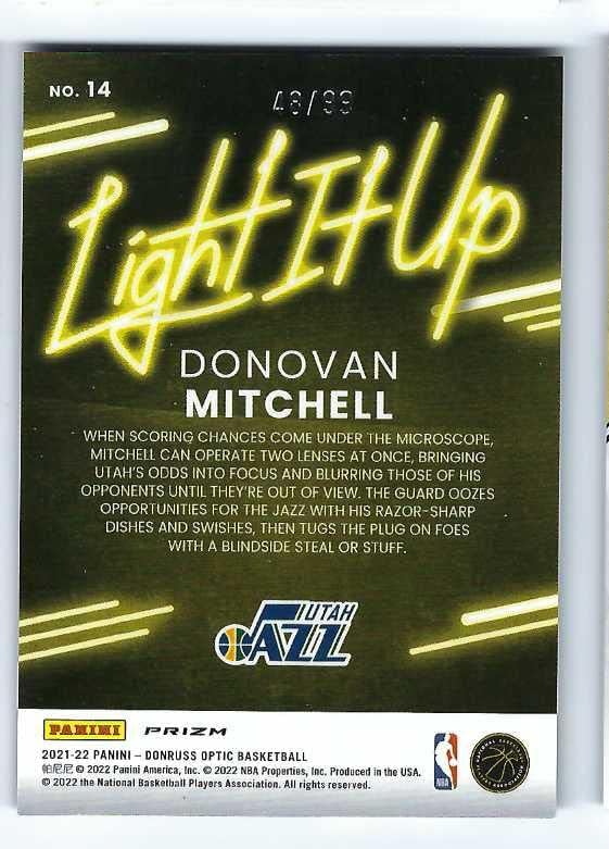 Miniatura 2 de DONOVAN MITCHELL 2021-22 Panini Donruss Optic Light It Up #14 RED PRIZM PARALLEL #48 of only 99 Made! Cleveland Cavaliers Basketball Card