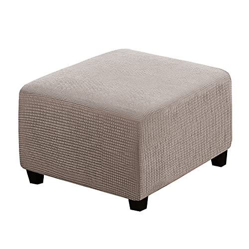 Image of H.VERSAILTEX Square Ottoman Covers Ottoman Slipcovers Folding Storage Stool Furniture Protector Form Fit with Elastic Bottom, Stretch High Spandex Small Checks Jacquard Fabric(Medium,Taupe)