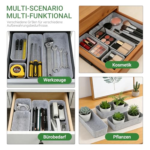 Kievano Schubladen Organizer Filz 8 Stück – Schubladeneinsatz für Büro, Bad, Küche & Nachttisch | Stapelbare Filzboxen für Schreibtisch & Schrank | Drawer Organizer in Hellgrau