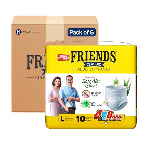 Friends Classic Adult Diaper L Size Pants | 60 Count (Large) | Waist 30-56 inch | Aloe Vera | Unisex | Quick & Even Absorption | Long Protection hours | Brief-Like Fit | Odour Lock | Leakproof | Elastic Waist & Anti-Bacterial Absorbent Core