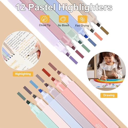COZCLAM 32pcs Aesthetic Stationery Supplies with White Pen Case, 12 Pastel Highlighters, 6 Colour Pens, 5 Black Pens - Image 3