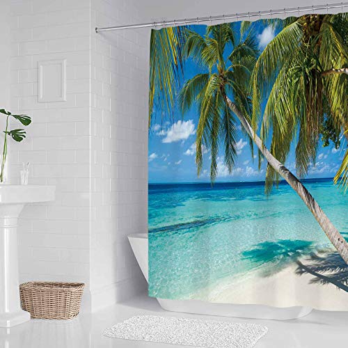 Allenjoy 72X72 Inch Summer Seaside Shower Curtain Set Tropical Paradise Beach Blue Sky Palm Tree Decor Home Bathroom Bathtub Curtains Durable Waterproof Washable Fabric With 12 Hooks #TOP2