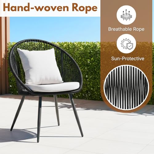 Image of DEVOKO 3 Piece Rope Patio Outdoor All Weather Furniture Conversation Bistro Set with Comfortable Cushions & Glass Top Table for Garden, Balcony, Lawn, Deck (Black & Off-White)