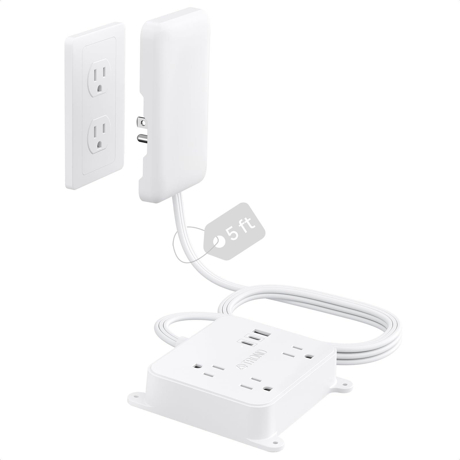 TROND Flat Plug with Socket Cover, Wide Distance USB Wall Plug Extender, 5 Feet Pull-Out Extension Cable, Rear Wall Mount-image-27