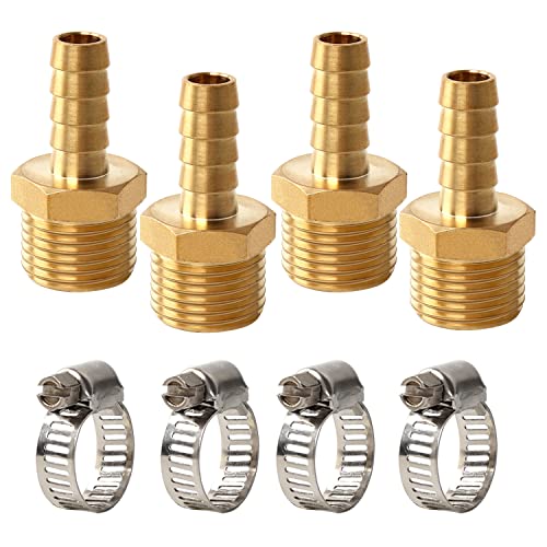 4 Stück Schlauchanschluss 10 mm Widerhaken x 1/2 Zoll BSP Außengewinde Messing Schlauchverbinder Adapter mit Schlauchschelle für Luftschlauch Gasschlauch Wasserschlauch Cover