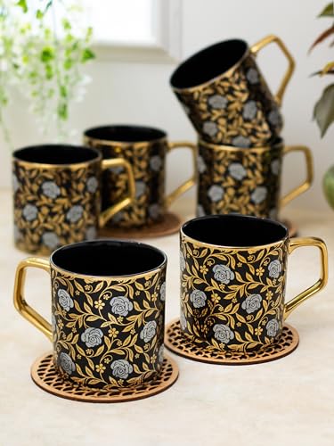 Image of Clay Craft Fine Ceramic Director Gold Printed Tea /Coffee Set of 6-200 ml Each (E608), Tea Cup Set of 6, Mugs for Coffee, Cups Set of 6, Mug Set, Ideal for Gifting, Perfect for Home and Office