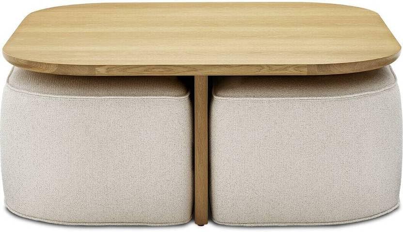 Image of Mango Wood Coffee Table with 4 Stools for Home | Oval Centre Table with Four Seating Stools | Space Saving Patio Tables with 4 Upholstered Puffy Ottoman for (Natural Teak)