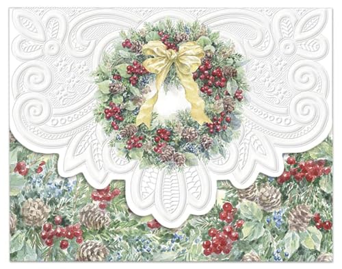 Image of Poster Foundry Christmas Holiday Gold Bow Wreath Boxed Note Cards by Carol Wilson. 10 embossed 4x5 Die-Cut Notecards and Matching Envelopes in Decorative Gift Box with Magnetic Flap. NCPX2139