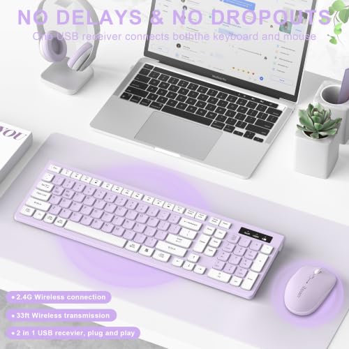 Image of Wireless Keyboard and Mouse Combo, Full-Sized Wireless Keyboard and Adjustable DPI Mouse, 2.4GHz USB Receiver, Keyboard and Mouse for PC, Windows, Desktop, Laptop (Light Purple)