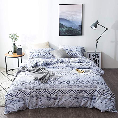 SLUMBERTOWN Blue Geometric Duvet Cover King Size 3 Piece Set - Silky Soft Luxury Western Aztec Pattern Water Color Design Comforter Cover on 300TC Egyptian Cotton - Indigo Blue Gray White Bedding Set