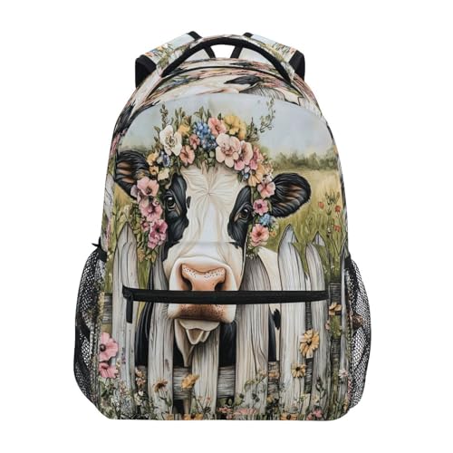 Cow Flower Watercolor Backpack for School Boys Girls Adults Kids Bookbag Laptop Bag 15L
