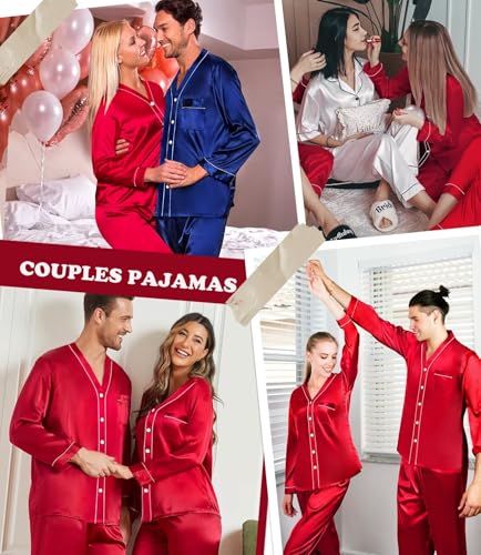 SWOMOG Family Satin Pajamas Sets Long Sleeve Button-Down Sleepwear Silky Two-Pieces Loungewear PJs Sets4