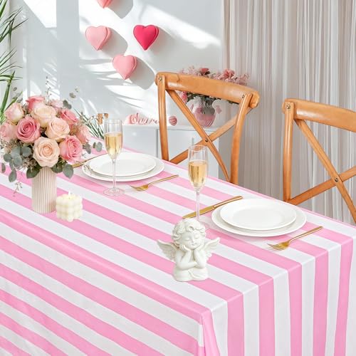 SoarDream Valentines Tablecloth Pink and White Striped Table Cloth 57 x 120 Inch Rectangle Waterproof Tablecloth for Easter Holiday Spring Picnic Outdoor Party Decoration by SoarDream - Used condition - US$14.56