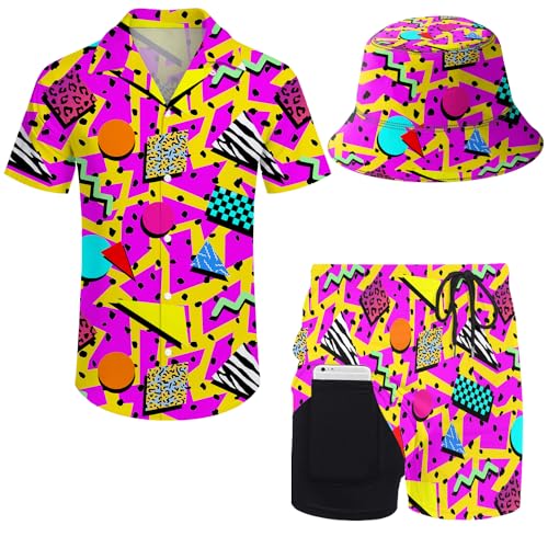 Mens Hawaiian Shirt and Shorts Set 2 Piece 80s 90s Outfit for Men Short Sleeve Button Down Suit with Bucket Hats